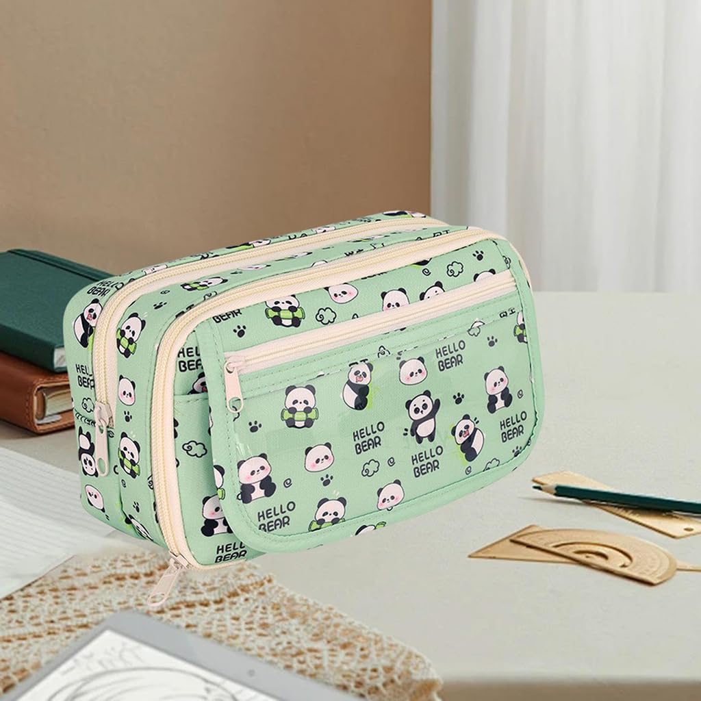 Zibuyu Pencil Case for School and Travel with 21.5x12.5x8.5 cm Capacity | Green Panda Floral Polyester Bag