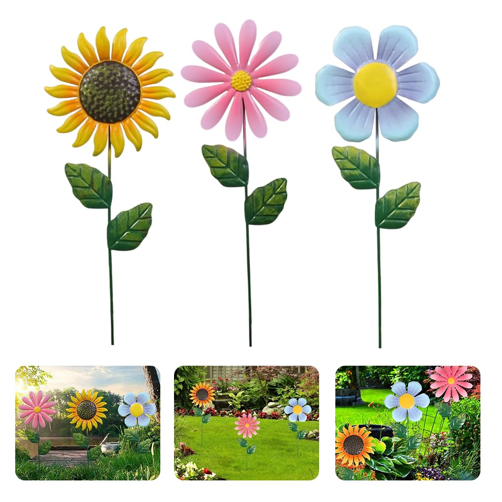HASTHIP Flower Garden Stakes for Outdoor Decor featuring 18.9 in Metal Daisy Sunflower Set