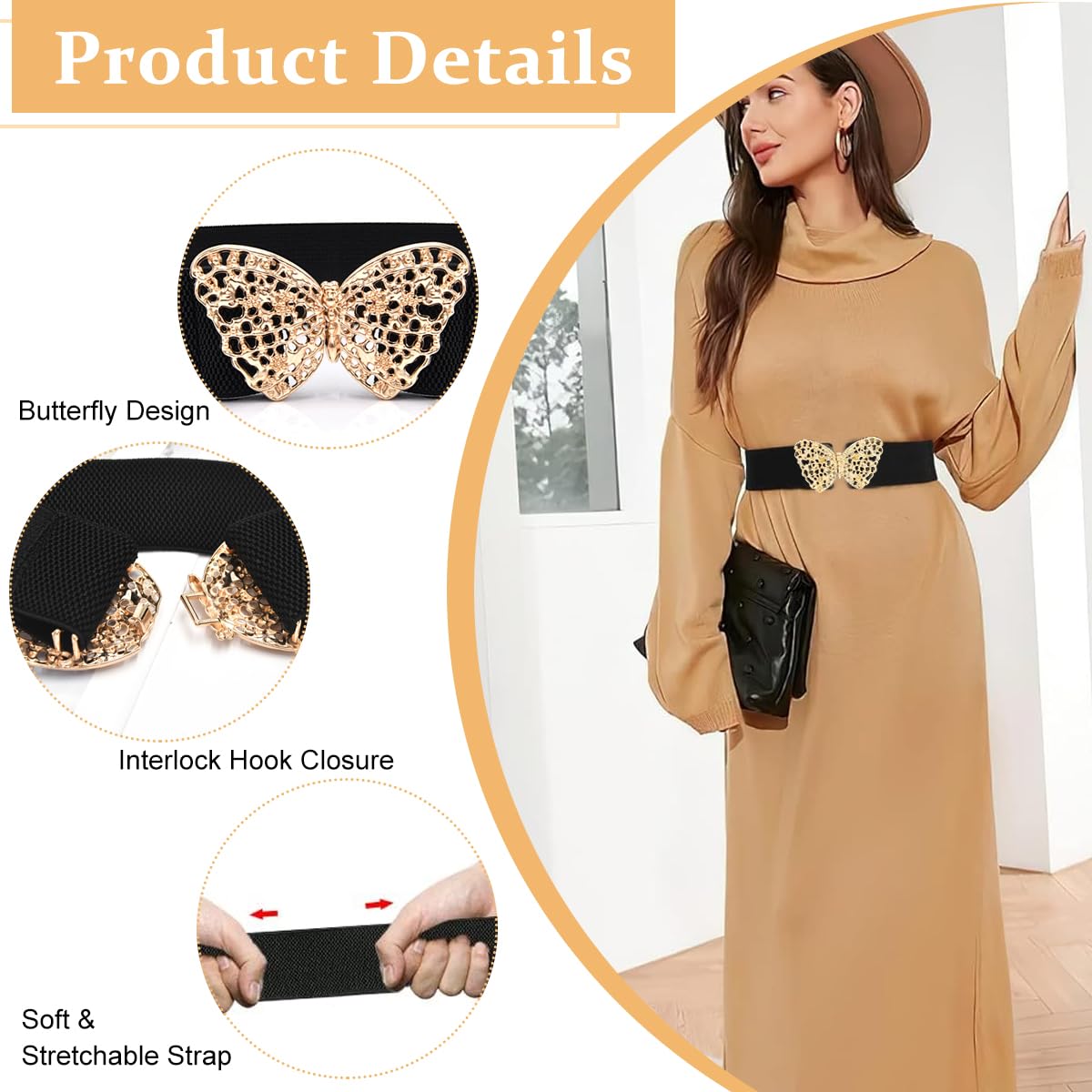 Venzina Wide Leather Belt for Dresses featuring Butterfly Interlocking Buckle | 3.39 in Elastic Waist Accessory