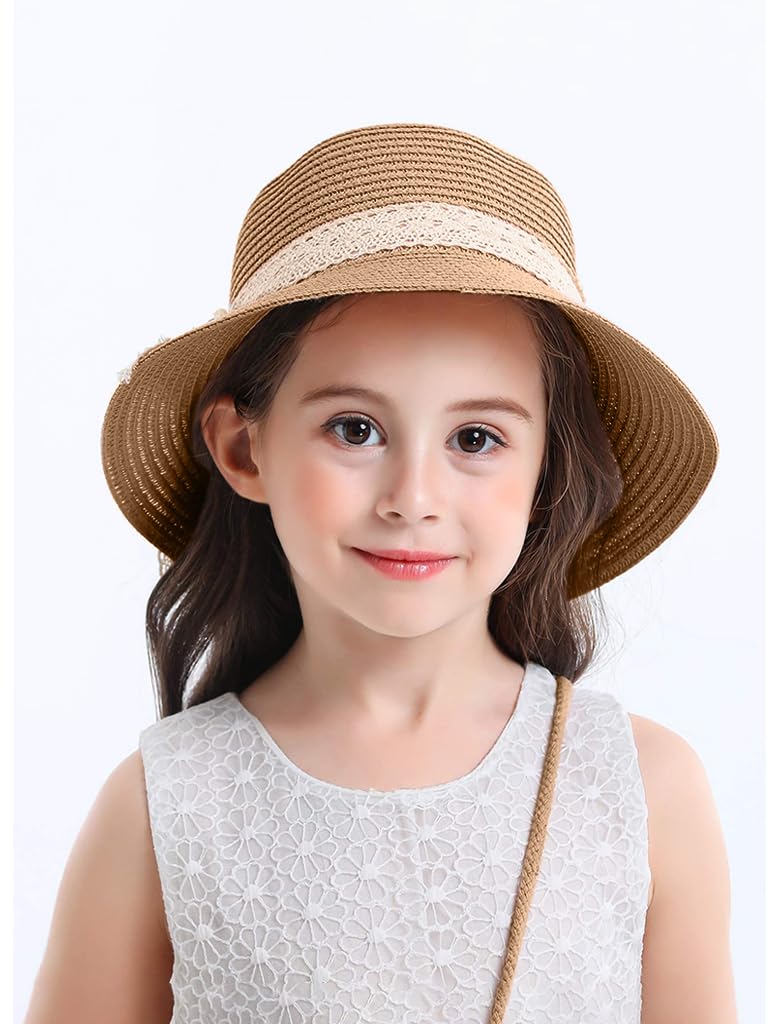 SNOWIE SOFT Straw Hat for Kids with Mini Shoulder Bag featuring Floral Lace Bowknot | Ideal for Girls Beach and Summer Outings