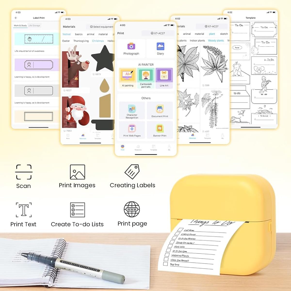 ZEITEL Portable Thermal Mini Printer for Notes and DIY Scrapbook with 13 Rolls Paper | Inkless Bluetooth Printing for Students and Kids