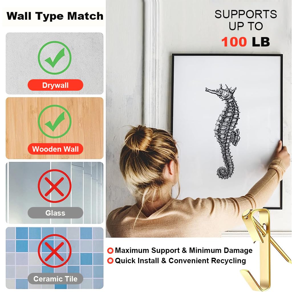 HASTHIP® 330Pcs Picture Hanging Kit, Durable Metal Hangers 10-100lbs, 164 Assorted Hooks, 166 Nails, Easy Mount Photo Frame Hooks Kit, 5 Sizes, for Home & Office Wall Decor, Handy Storage Box