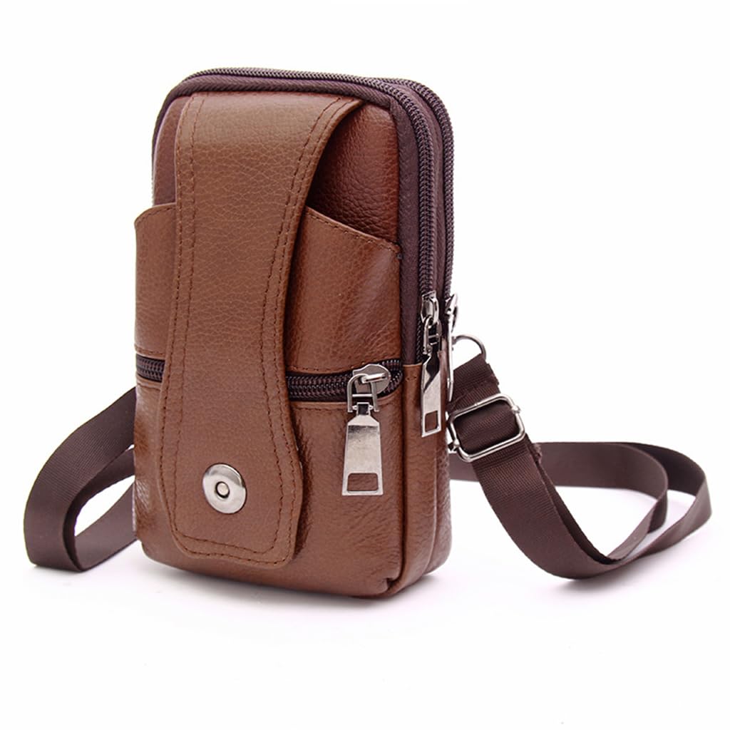 ZIBUYU® Mobile Pouch for Men Leather Magnetic Cover Belt Clip Compatible for iPhone 12, 13, 14 Pro Max Phone Case Mini Crossbody Men Waist Sling Bag Mobile Holster for Men, Brown - 1