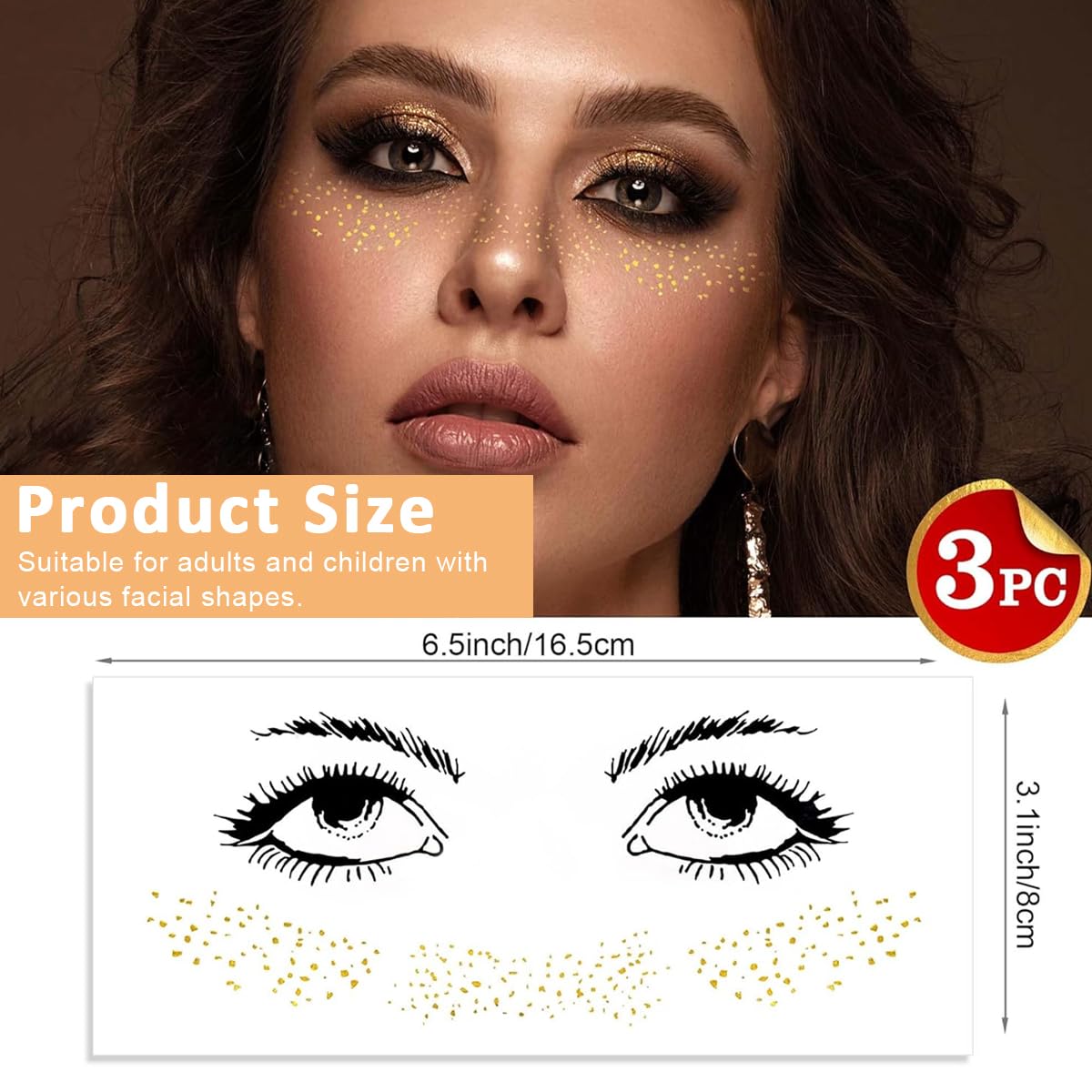 ZIBUYU Golden Glitter Freckles Temporary Tattoo for Makeup and Party | 3 Sheets Waterproof Face Stickers