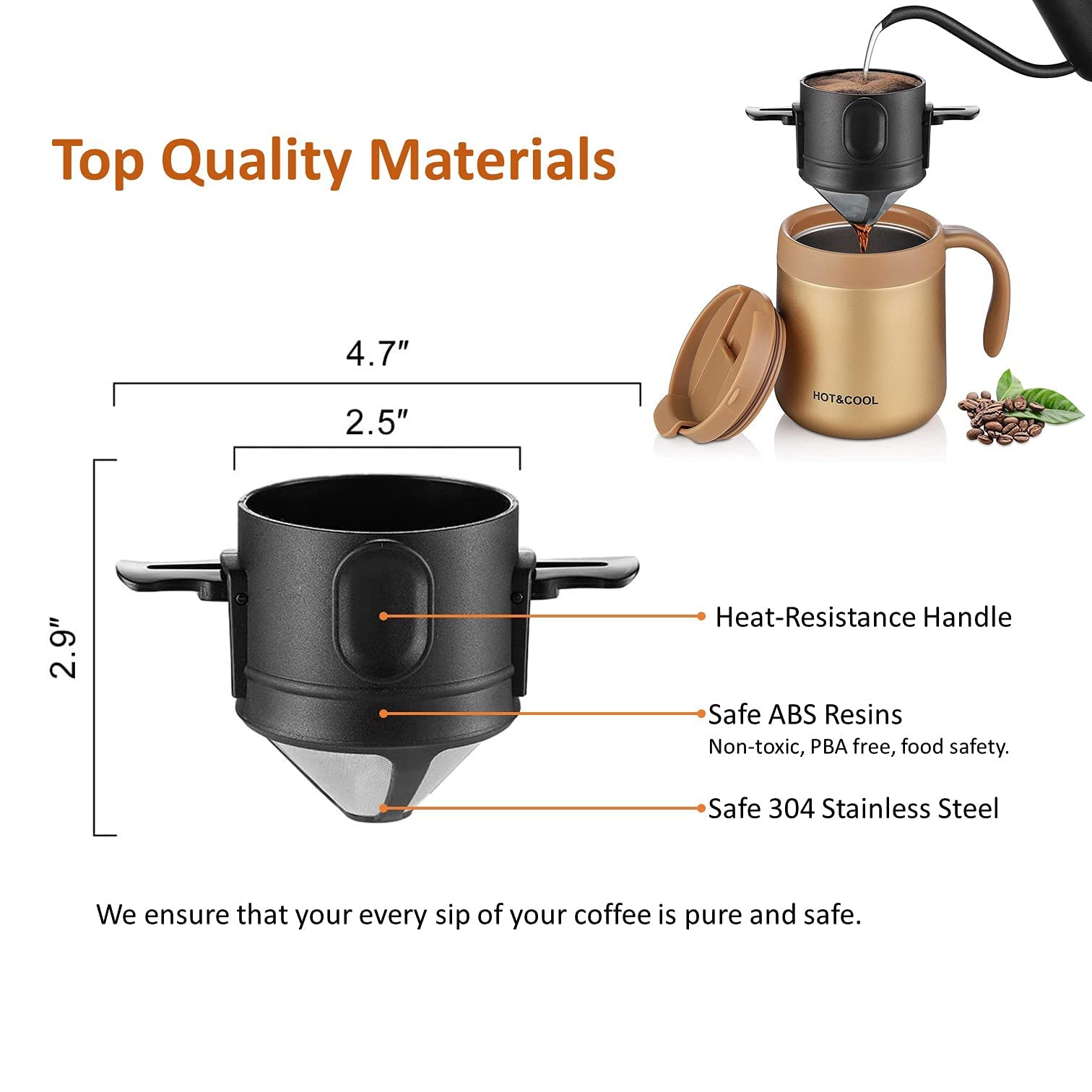 Zeitel Filter Coffee Maker with Double Mesh Design and 2.9–4.3 in Foldable Ears | 304 Stainless Steel Paperless Dripper