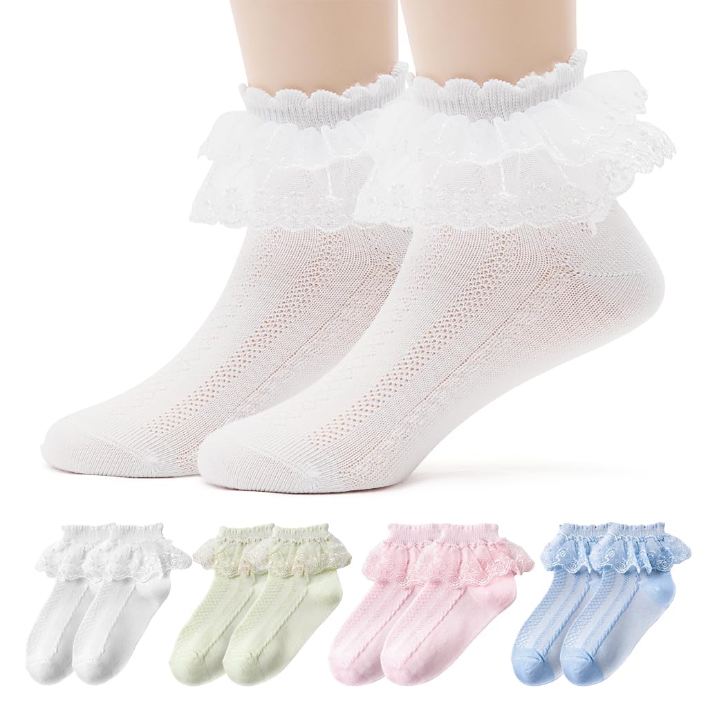 SNOWIE SOFT® 4Pcs Baby Socks 4-Color Baby Girls Sock Lovely Ruffle Lace Cuff Socks Summer Breathable Cotton Socks for 0-3 Years Old Baby Girls Newborn Shower Gift for Baby Girls