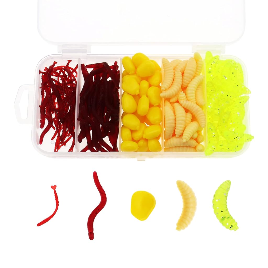Proberos® 161Pcs Fishing Lures Assorted Soft Lure Fishing Baits Realistic Colored Earthworm Baits Mealworm Baits Jigging Fishing Baits Fishing Baits for Freshwater Fishing, with Box