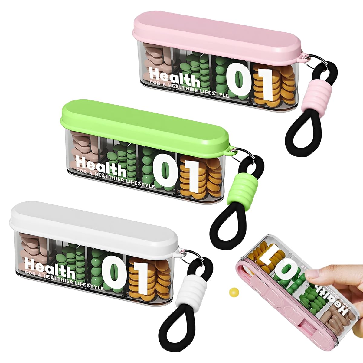 HANNEA Pill Dispenser 3PCS for Travel with 4 Compartments and Moisture-Proof Seal | BPA-Free Organizer Box