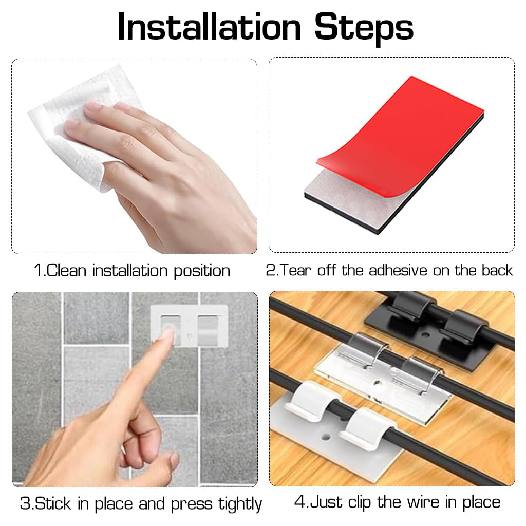 ZIBUYU Self-Adhesive Cable Clips for Wall and Desk featuring Dual Slot Design | 25pcs Plastic Wire Holders