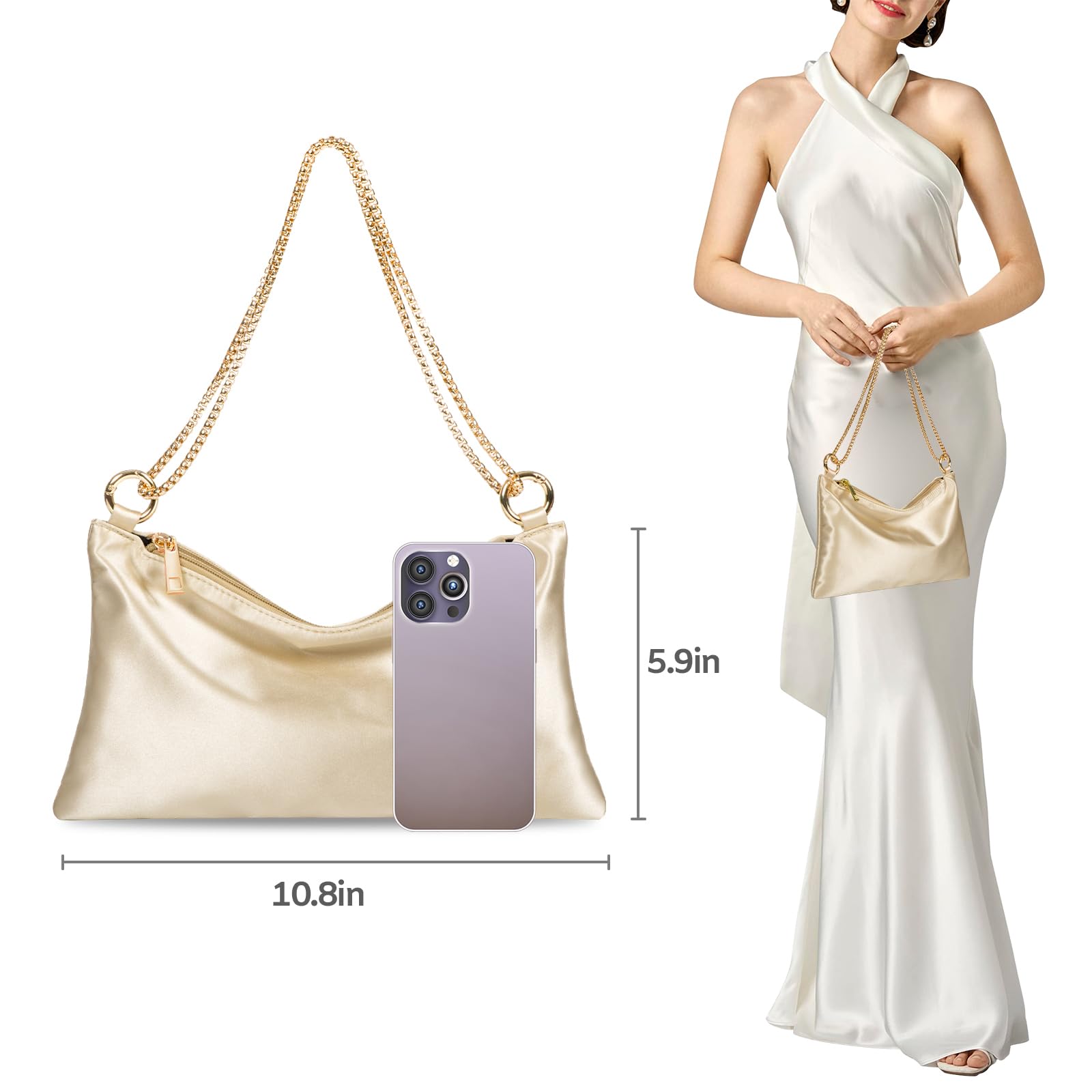 PALAY Women Satin Evening Handbag for Formal Events with 27.5x15cm Size and Removable Chain Strap