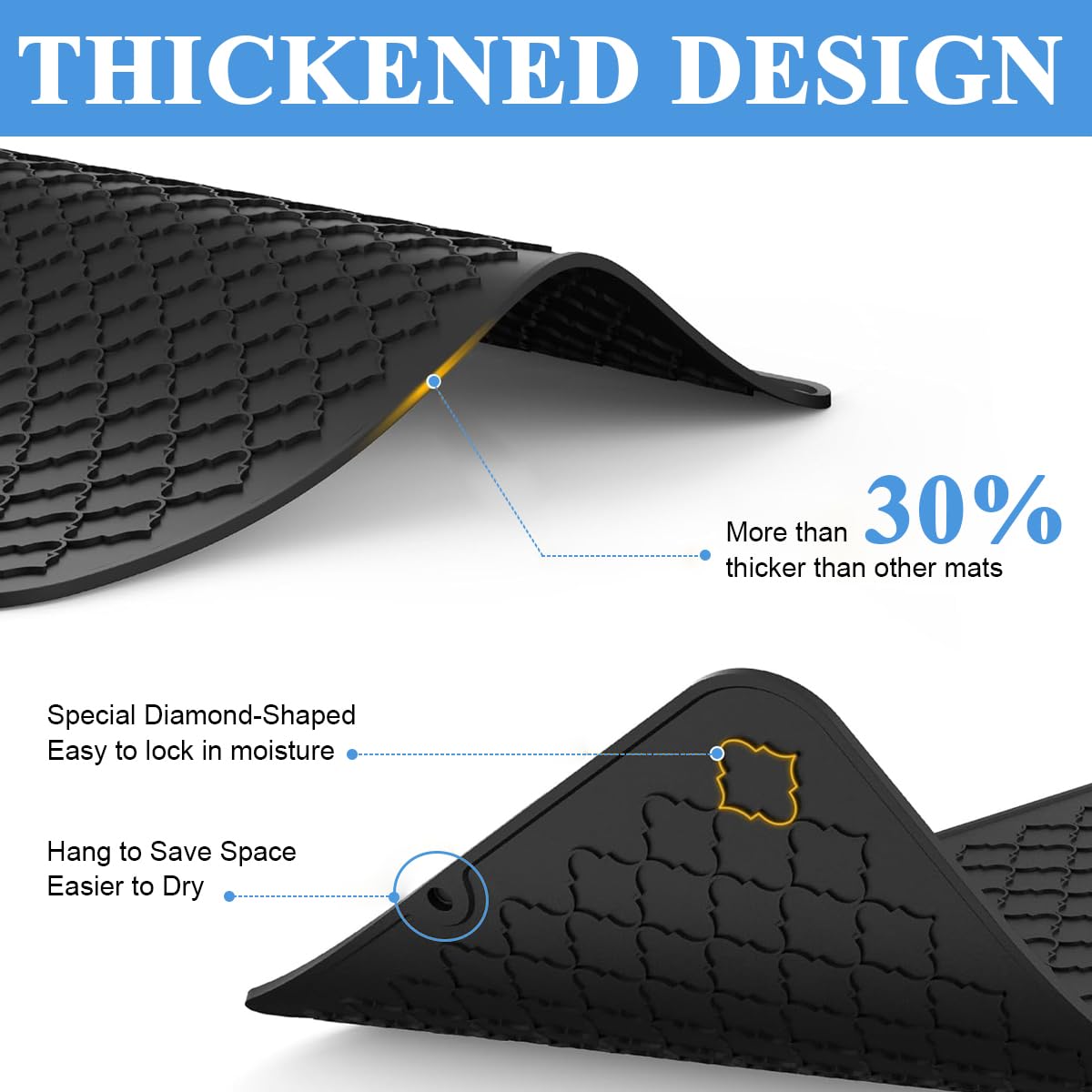 Supvox Kitchen Silicone Drying Mat for Countertop 16x24 in featuring Diamond Drain Pattern | Heat Resistant Non Slip Design