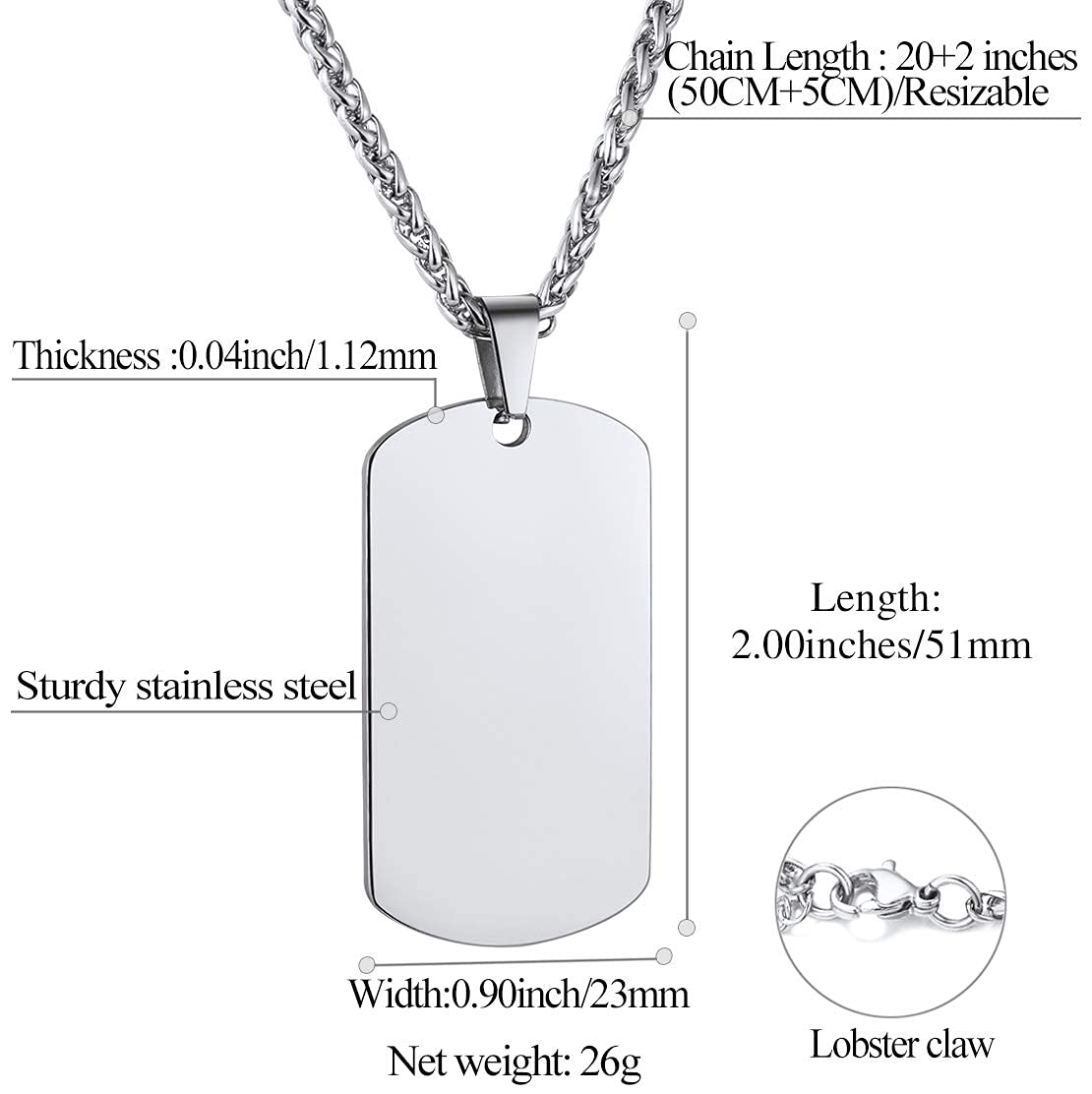 ZIBUYU Army Pendant Necklace for Men featuring 28mm x 49mm Tag in Stainless Steel | Customizable Gift