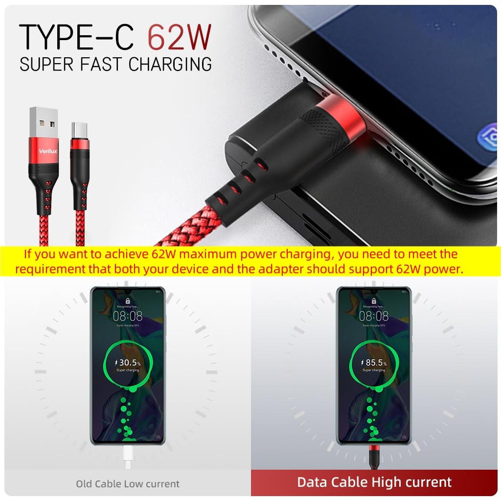 Verilux USB C Cable 10FT for Fast Charging and Data Sync with Nylon Braided Design | 3PCS