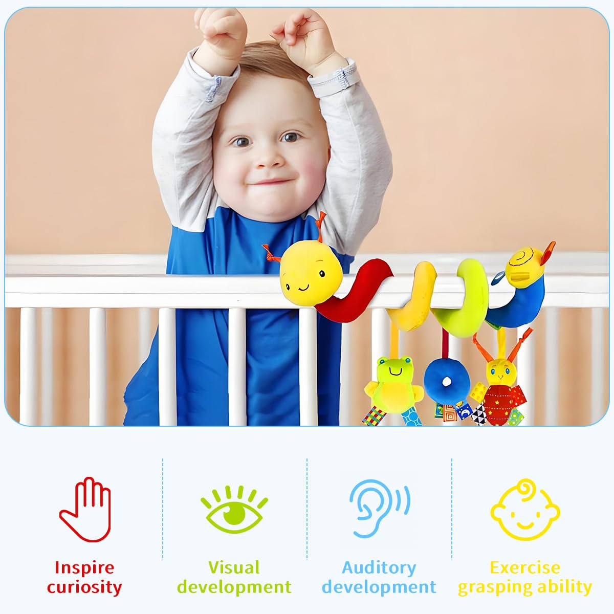 SNOWIE SOFT Caterpillar Crib Toy for Stroller Use with Spiral Wrap Design and Plush Fabric | Sensory Activity Toy for Babies 6 to 12 Months