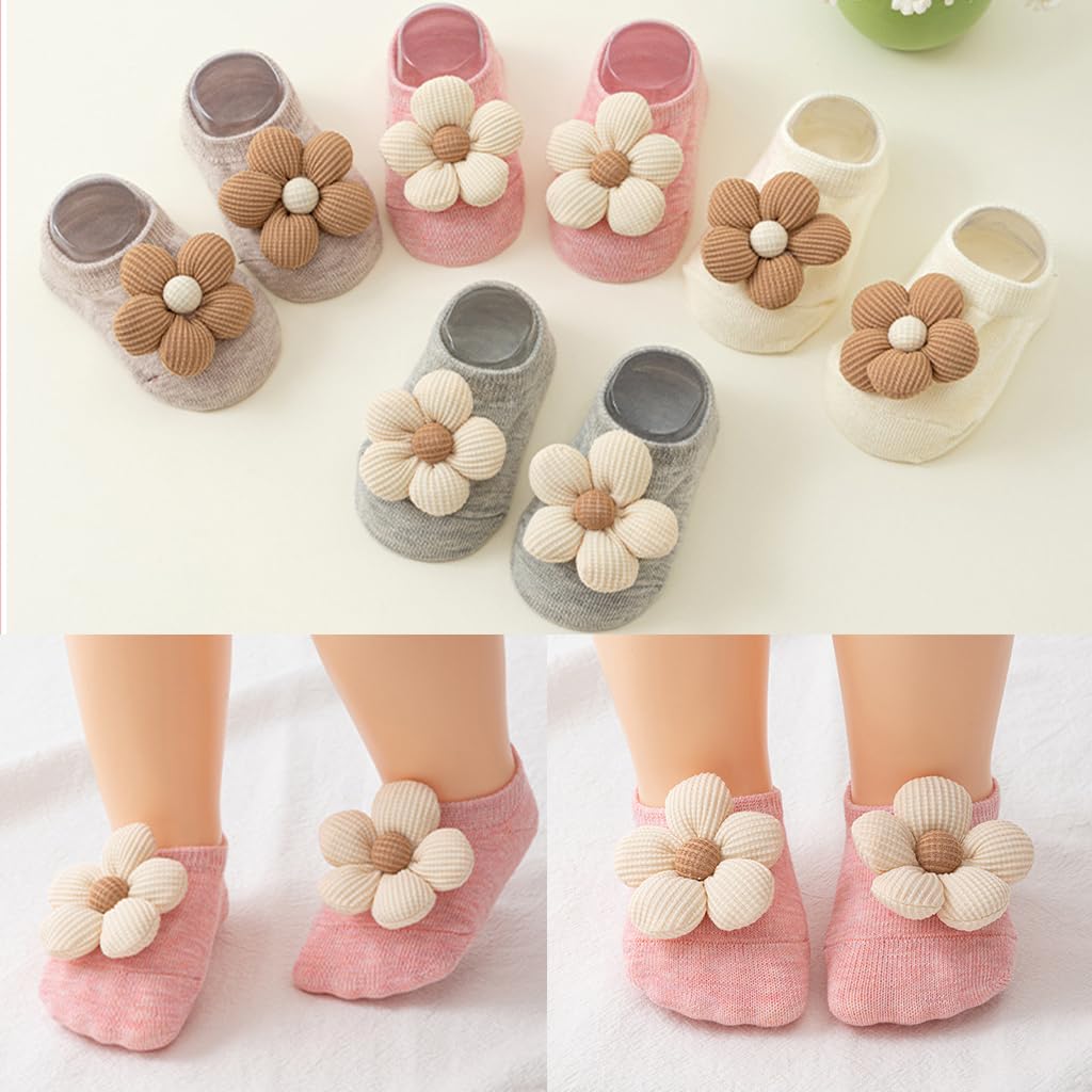 SNOWIE SOFT Baby Socks for 0–12 Months Girls with Anti Slip Grips and Breathable Cotton | 4 Pairs Gift Set