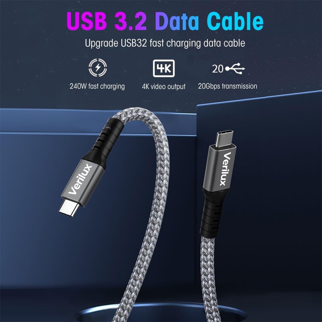 Verilux USB C Cable for Laptops and Phones with 240W PD Fast Charging | 4.9Ft USB4 Data Transfer