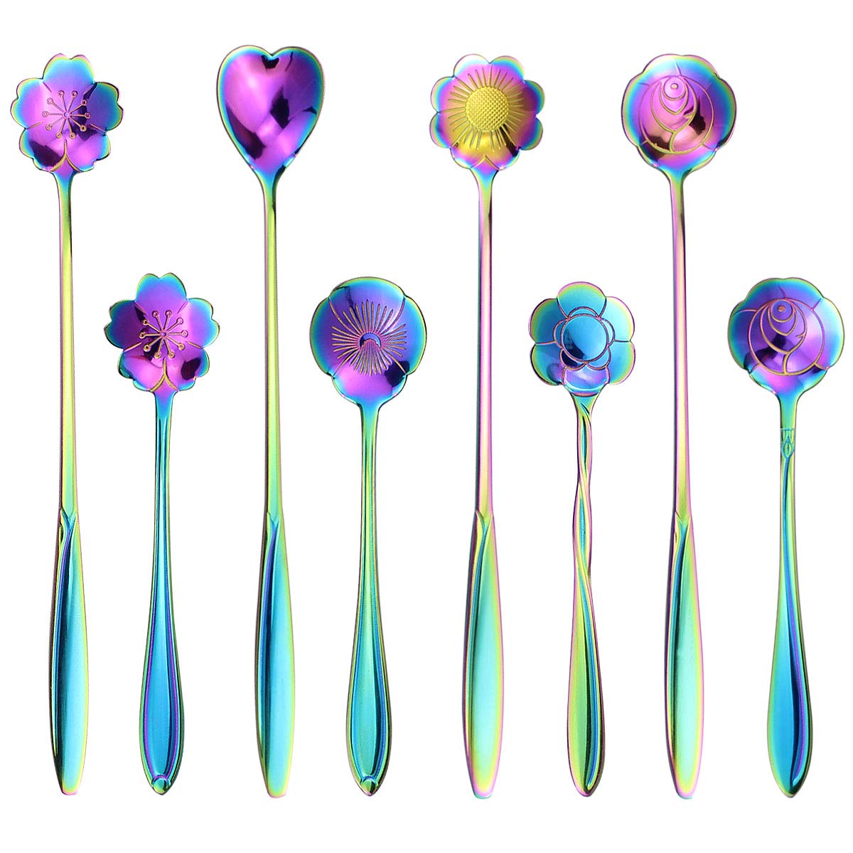 HASTHIP® 8Pcs Rainbow Flower Spoon Set, 410 Stainless Steel Reusable Long/Short Handle Spoon, 2 Different Size Colorful Scoop Spoon Teaspoons Coffee Sugar Stirring Spoon Dessert Cake Spoons