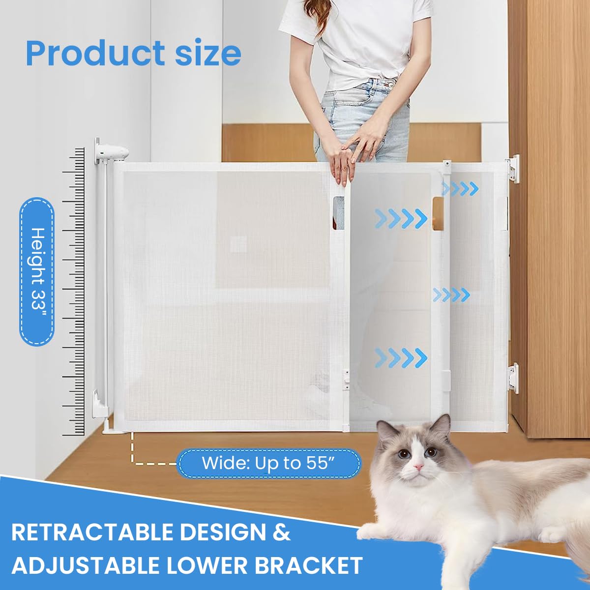 SNOWIE SOFT Retractable Baby Gate for Door and Stair with Pet Door 33 in Tall 55 in Wide | No Drill Reel Design Mesh Safety Barrier