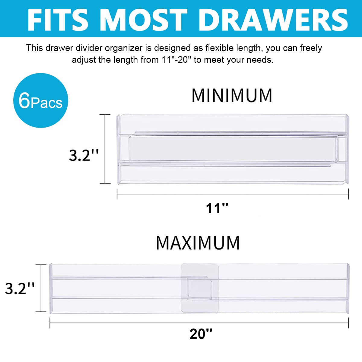 HASTHIP Drawer Dividers Organizers for Kitchen and Office with 6 Pack 11–20 in Expandable Clear Plastic Design
