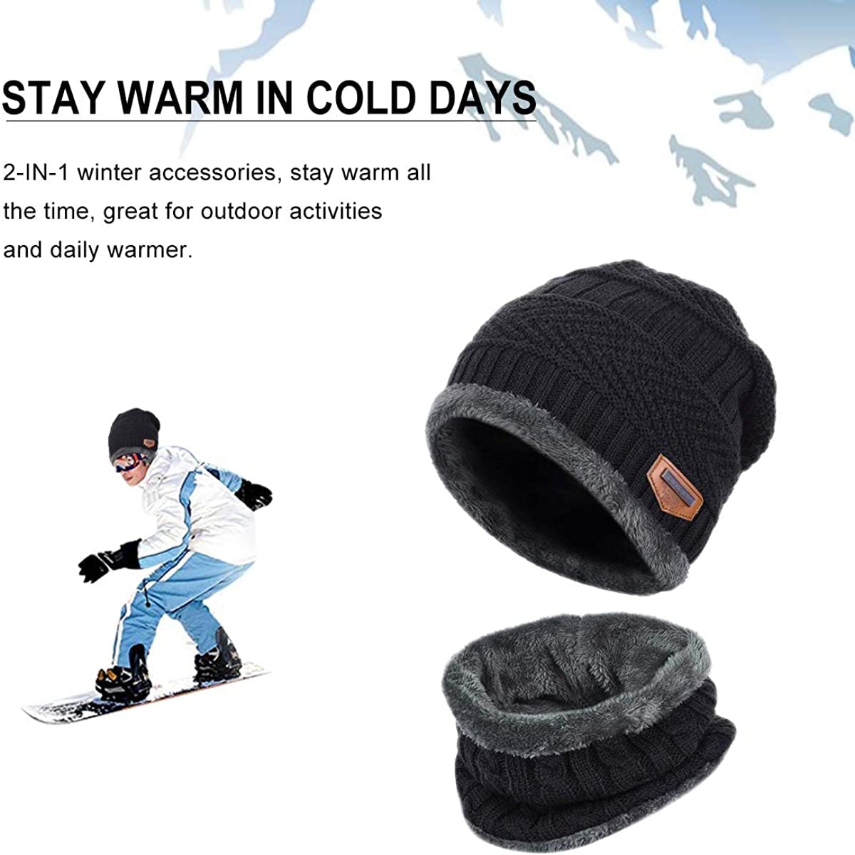 ZIBUYU Winter Hat for Men Women Warm Knitted Hats with Neck Gaiter Knitted Scarf, Warm Winter Hat Scarf Set Beanie Cap Hat Neck Warmer Scarf (black)