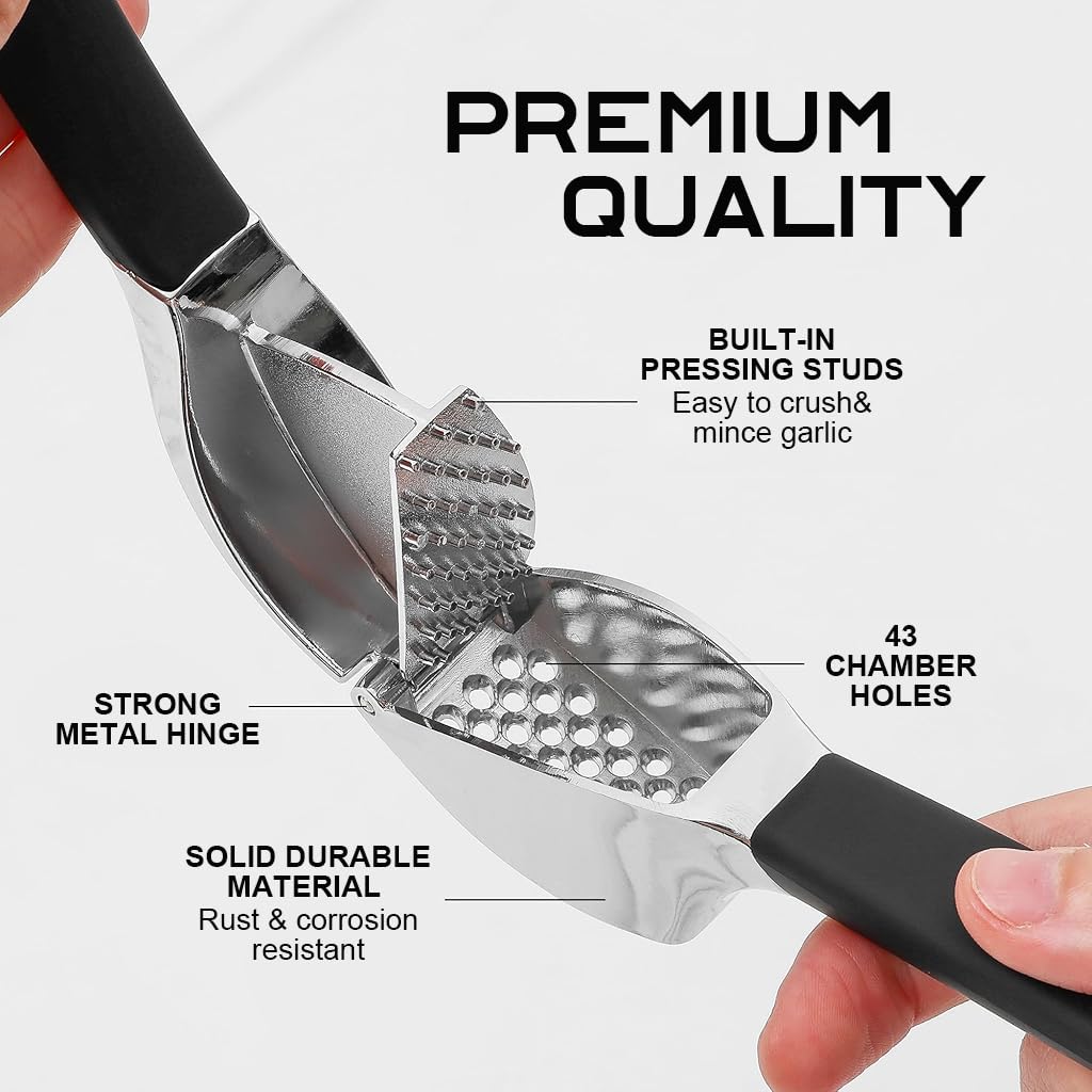 Supvox Garlic Press Set for Kitchen with 3 Pcs Tools featuring Anti Slip Handle & Stainless Steel | Includes Peeler and Cleaning Brush