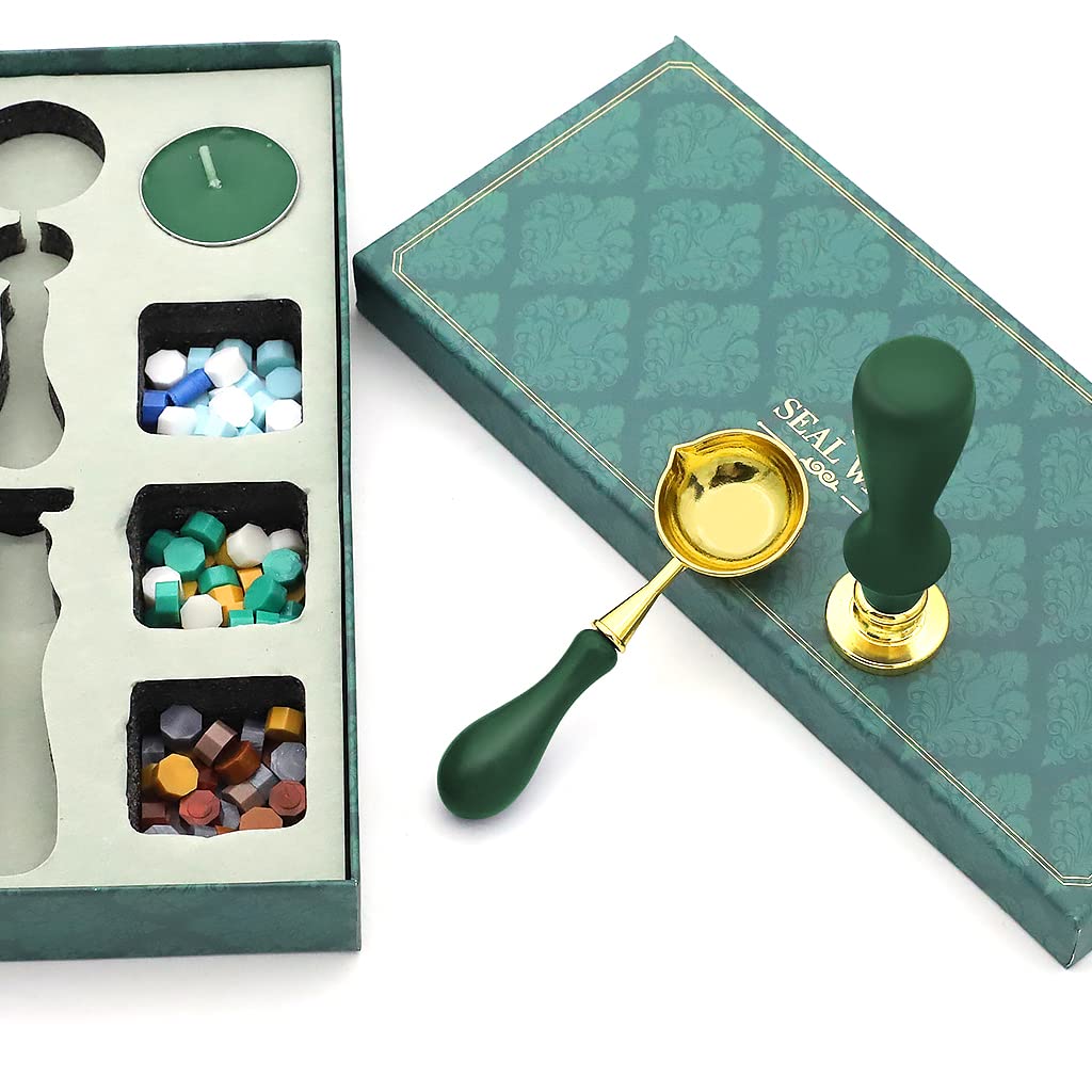 HASTHIP® Wax Seal Stamp Gift Box Set, Sealing Wax Stamps with Brass Head for Cards Envelopes, Includes Wax Beads, Candles, Wax Melting Spoon, Wooden Handle Stamp, Fine Gift Box (Green)