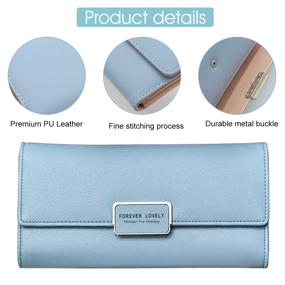 PALAY Wallet for Girls featuring Snap Button Trifold Design with 10 Card Slots | Blue PU Leather 7.5 x 3.9 x 1.2 in