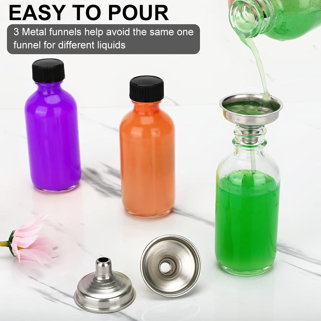 HASTHIP Small Glass Bottles Set for Juice and Drinks with Leak Proof Lids 12 x 60 ml | Includes Funnels Labels and Pen