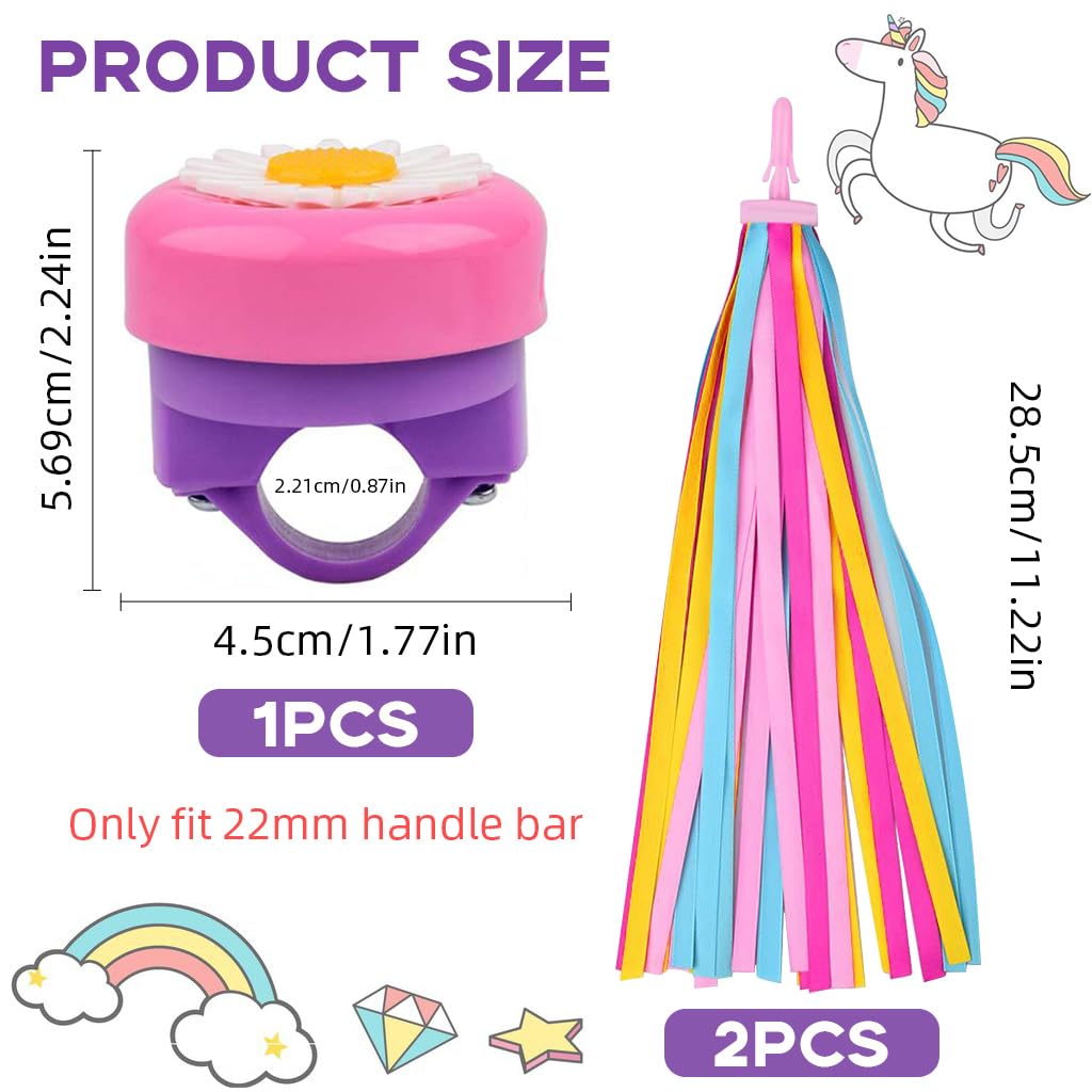 Proberos® Kids Bike Bell Daisy Flower Pink Dome Bell with 2 Pack Pink Tassels Charms Bike Charms Scooter Charms Handle Bar Charms Decorative Streamers for Kids Bike, Scooters