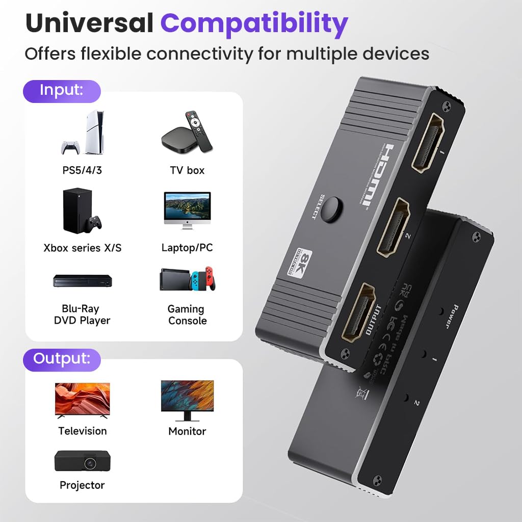 ZORBES HDMI Switch for Gaming and Streaming with 8K 60Hz 48Gbps Support | Aluminum 2 in 1 Out Splitter