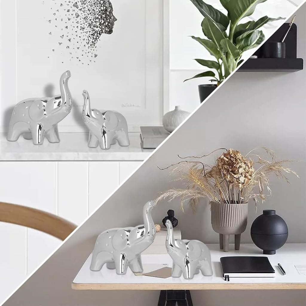 HASTHIP Elephant Statue Pair for Home and Office Decor featuring Silver Finish | 11.5cm and 9.5cm Ceramic Figurines
