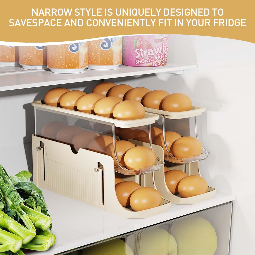 HASTHIP Kitchen Egg Holder for Refrigerator with 3 Layers 28x8.5x15cm and Auto Rolling Design