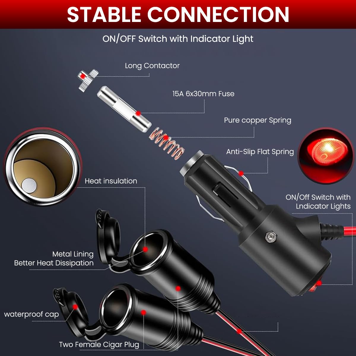 STHIRA Car Cigarette Lighter Splitter for 12V/24V Vehicles with 9.8 ft Cable & Power Switch | Dual Port Adapter for Phone and GPS Charging