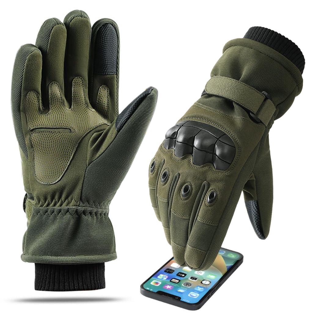 Proberos® Tactical Gloves Men Women Winter Warm Outdoor Gloves Touchscreen Motorcycle Gloves with Hard Knuckle & Plush Lining Tactical Gloves for Cycling Motorcycle Hiking Climbing (XL, Green)