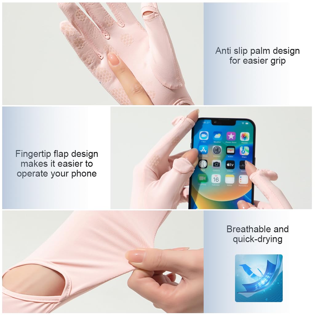 PALAY® UV Protection Arm Sleeves Nylon Ice Silk Arm Sleeves with One Piece Gloves, Open Finger Tip & Anti-slip Palm Design Outdoor Cool Arm Sleeve for Driving, Cycling, Gardening- Pink