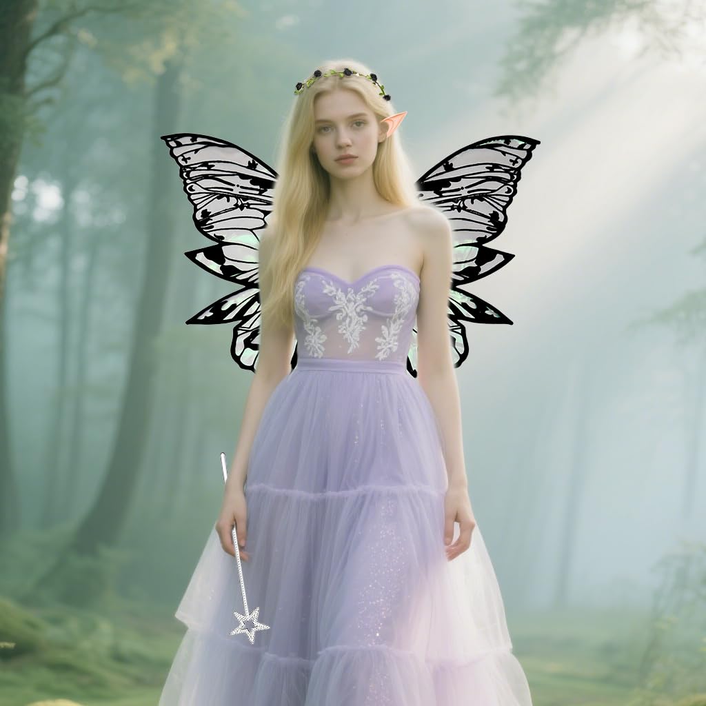 PATPAT Butterfly Wings Costume for Parties featuring 80x75cm Strap Design & Elf Ears | Iridescent Fairy Set