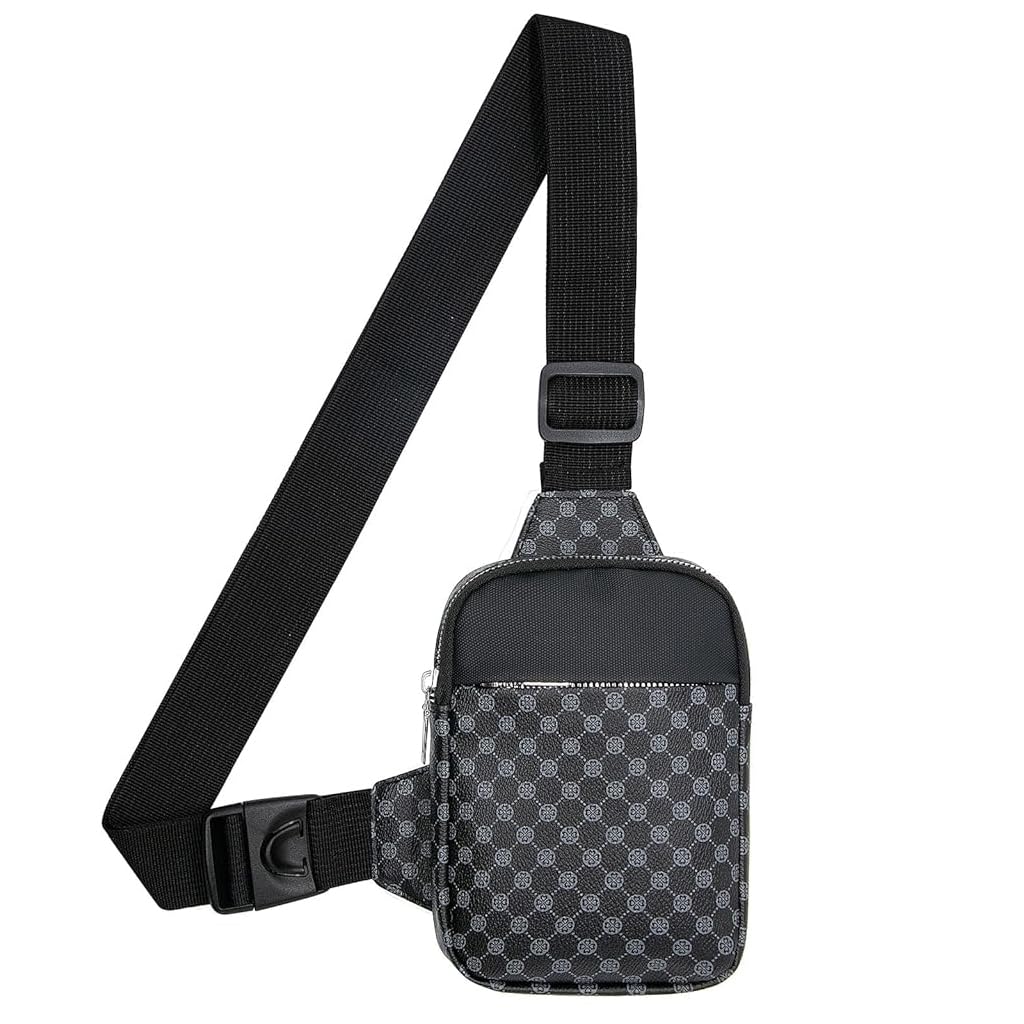 GUSTAVE Small Chest Bag Men's Phone Sling Bag Casual Crossbody Bag Double Layer Fashion Print PU Leather Chest Bag Shoulder Bag Crossbody Phone Bag Travel Phone Bag, 13x5x19cm