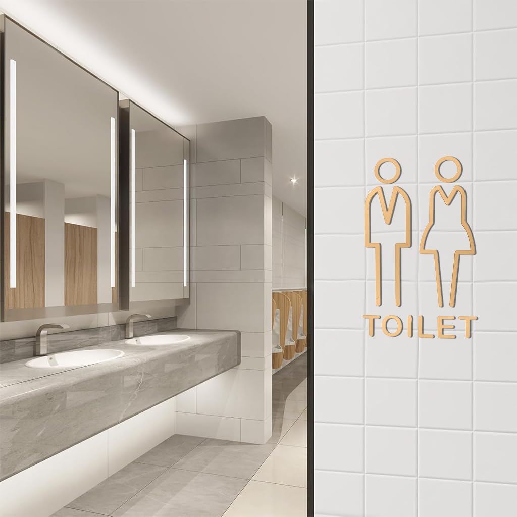 OFIFO Acrylic Washroom Sign Board for Office and Restaurant featuring Self Adhesive Back | Golden Bathroom Door Plate for Men and Women