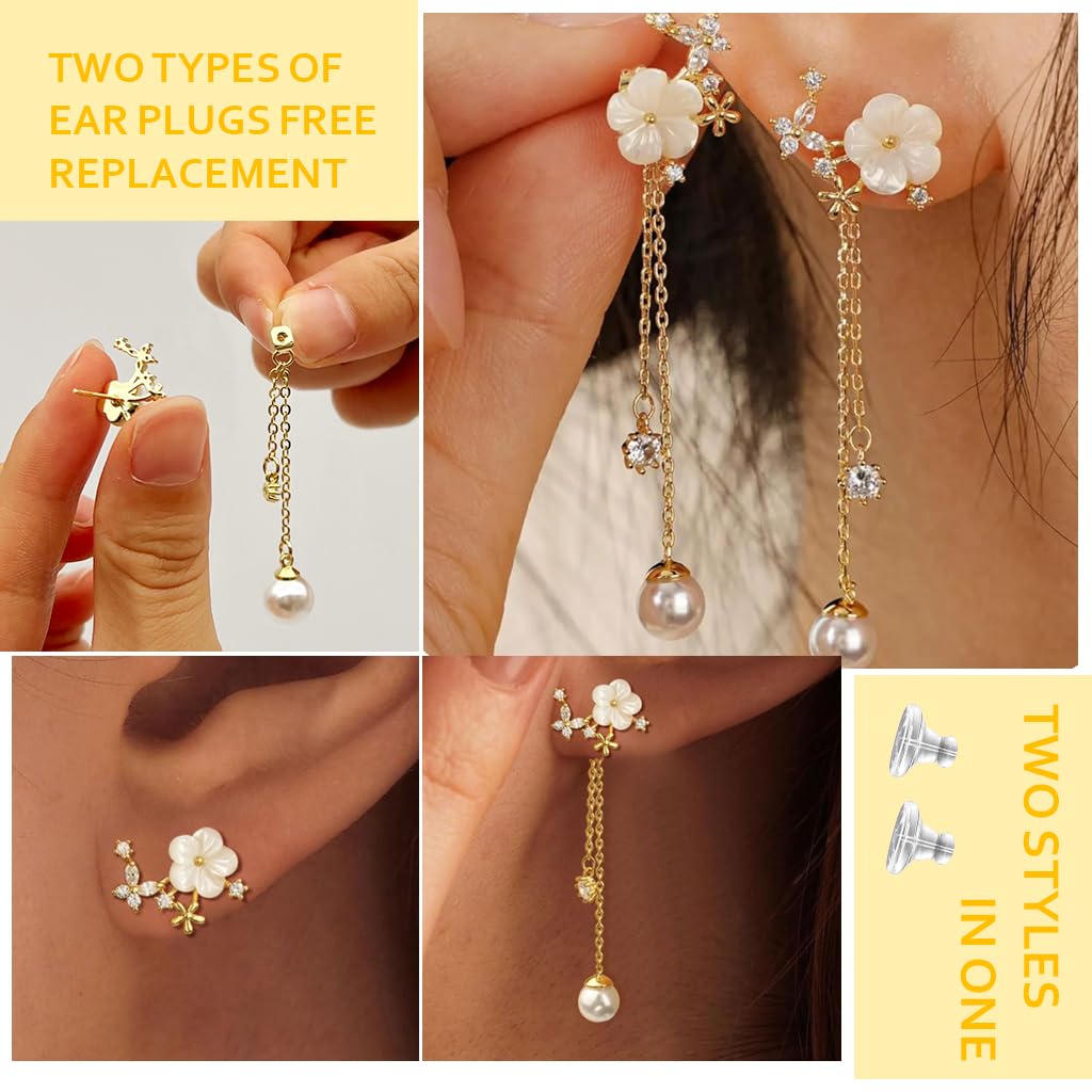 SANNIDHI Dangle Pearl Drop Earrings for Women featuring Floral CZ Charm & 14K Gold Chain