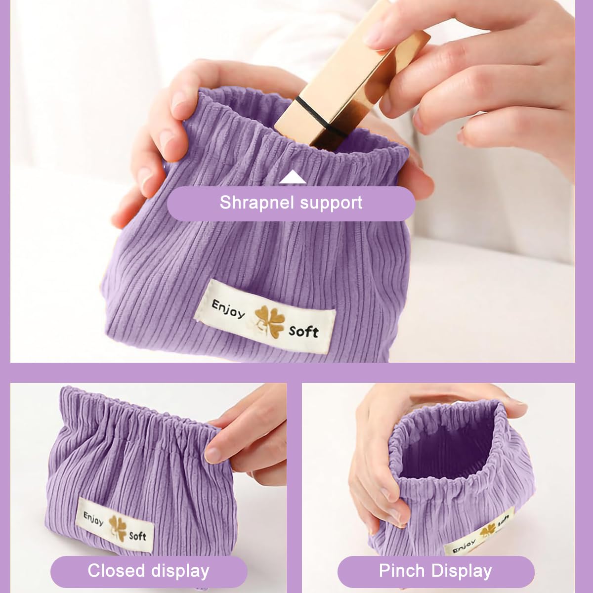 MAYCREATE Small Makeup Pouch for Travel and Daily Use featuring Self Closing 14x12cm Design | Corduroy Organizer in Pink and Purple for Women and Girls
