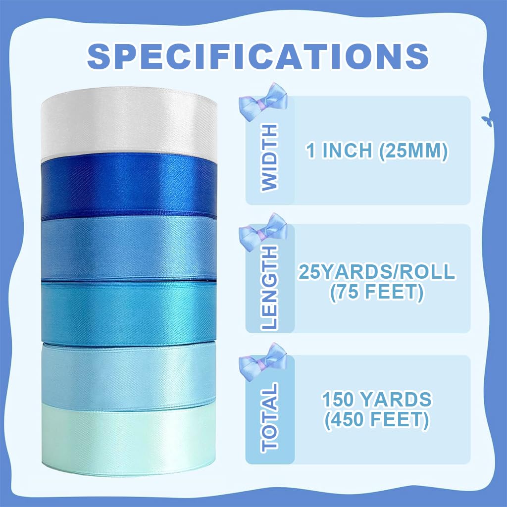 PATPAT Satin Ribbons for Gift Wrapping featuring 6 Blue Shades and 2.5cm×25yd Rolls | DIY Crafts