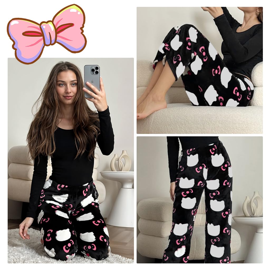 SANNIDHI Anime Pajama Pants for Women featuring Cartoon Cat Kawaii Print Flannel | 2XL Black