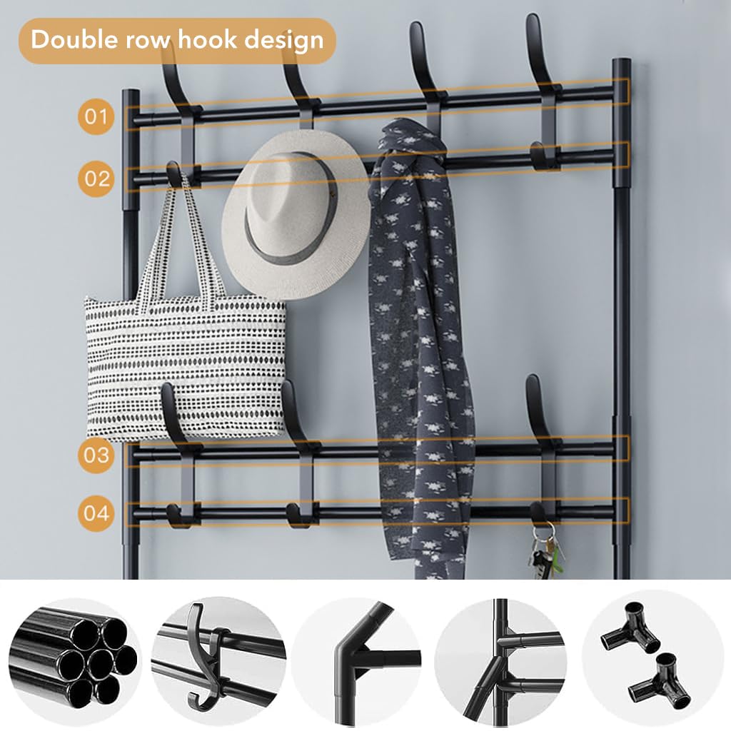 Supvox Metal Shoe Rack for Entryway Storage with 4 Tiers and Double Hanging Rods | DIY Assembly Bench Organizer