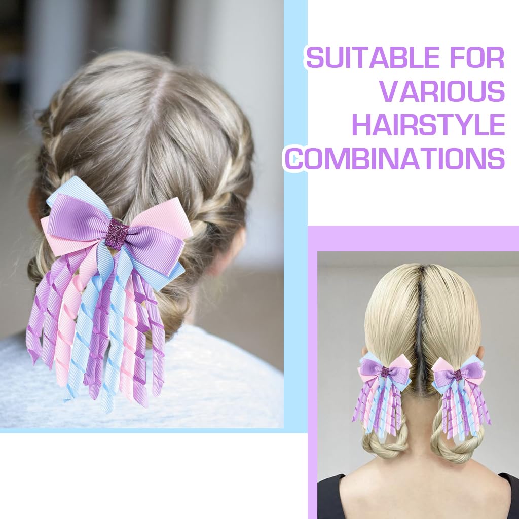 PALAY® 3 Inch Hair Bow Clips Purple Curly Grosgrain Ribbon Hair Clips Handmade Kids Girls Cheer Hair Accessories for School Prom Party