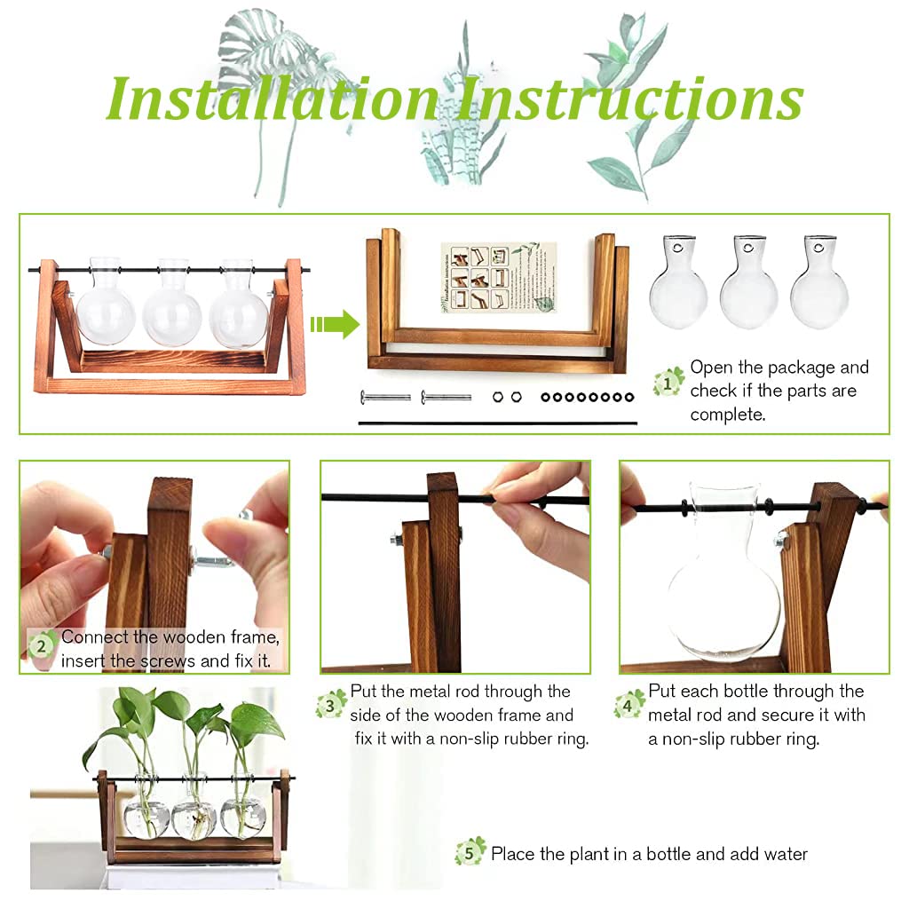 HASTHIP Hydroponics Glass Planter for Desktop Decor with 3 Bulb Vases and Wooden Stand | 11 in Wide