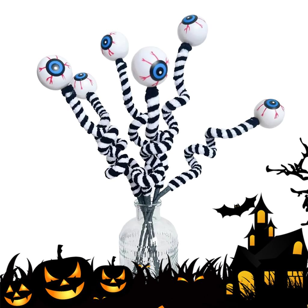 HASTHIP Halloween Eyeball Ornaments for Spooky Décor with Striped Flexible Stems | 6Pcs Set