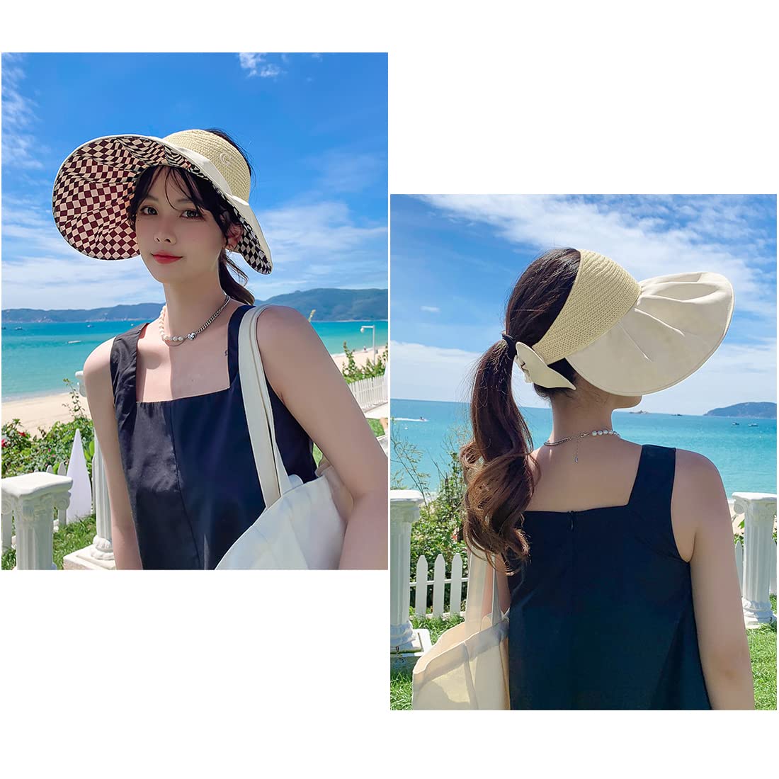 ZIBUYU Foldable Wide Brim Sun Visor Print Hat for Summer, Fishing, Travel, Hiking, Camping Beige for Women
