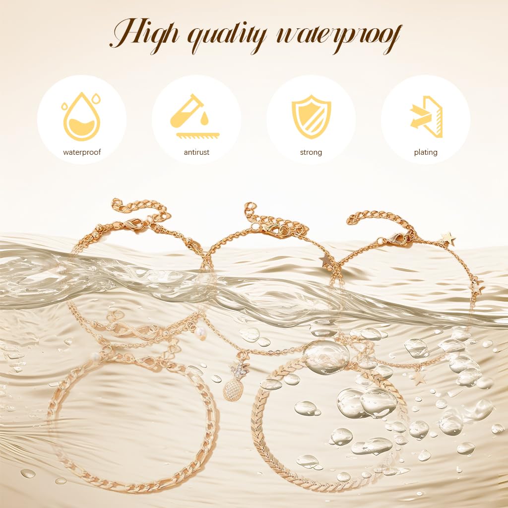 SANNIDHI Anklets for Women Girls 5 Pcs Set with Adjustable Chain in Golden Alloy | Beach and Daily Jewellery