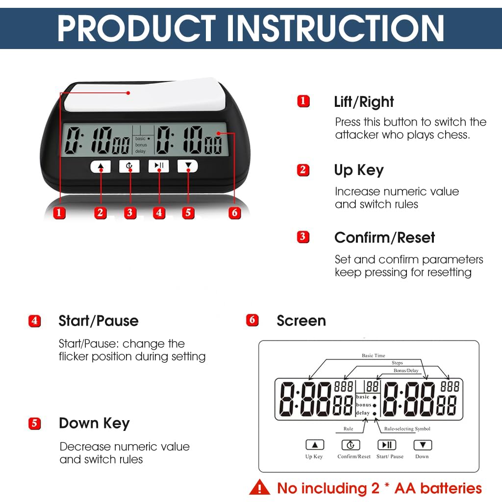 Zibuyu Digital Chess Clock Timer for Tournaments and Board Games with Bonus Delay | Portable Countdown and Count Up Functions