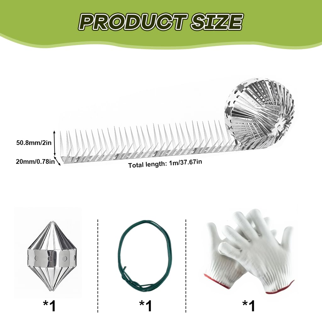 HASTHIP Pigeon Spikes for Outdoor Animal Control featuring Dual Row 48mm Spikes | Stainless Steel 3.3ft Strips with Gloves and Cable Tie
